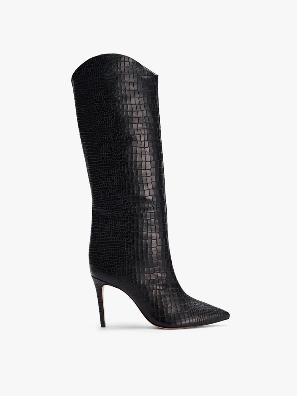 Schutz Maryana Black Croc Embossed Leather Knee High Stiletto Boots